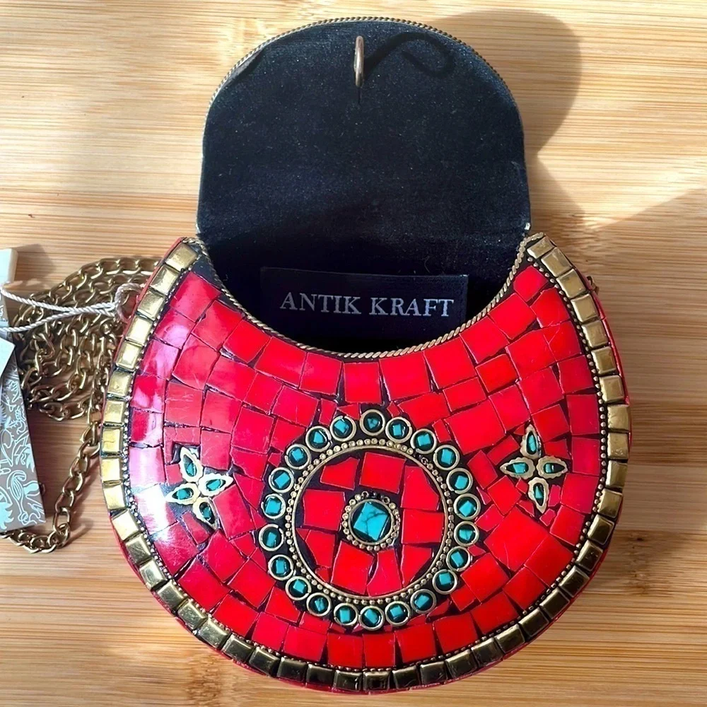 Brand New Antik Kraft Handcrafted India Small Metal Clutch Red Berry Chain Purse